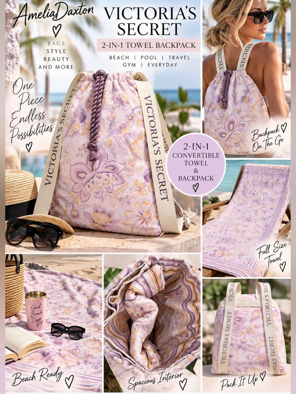 Victoria’s Secret NWT 2-in-1 Floral Towel Backpack Convertible Beach Bag